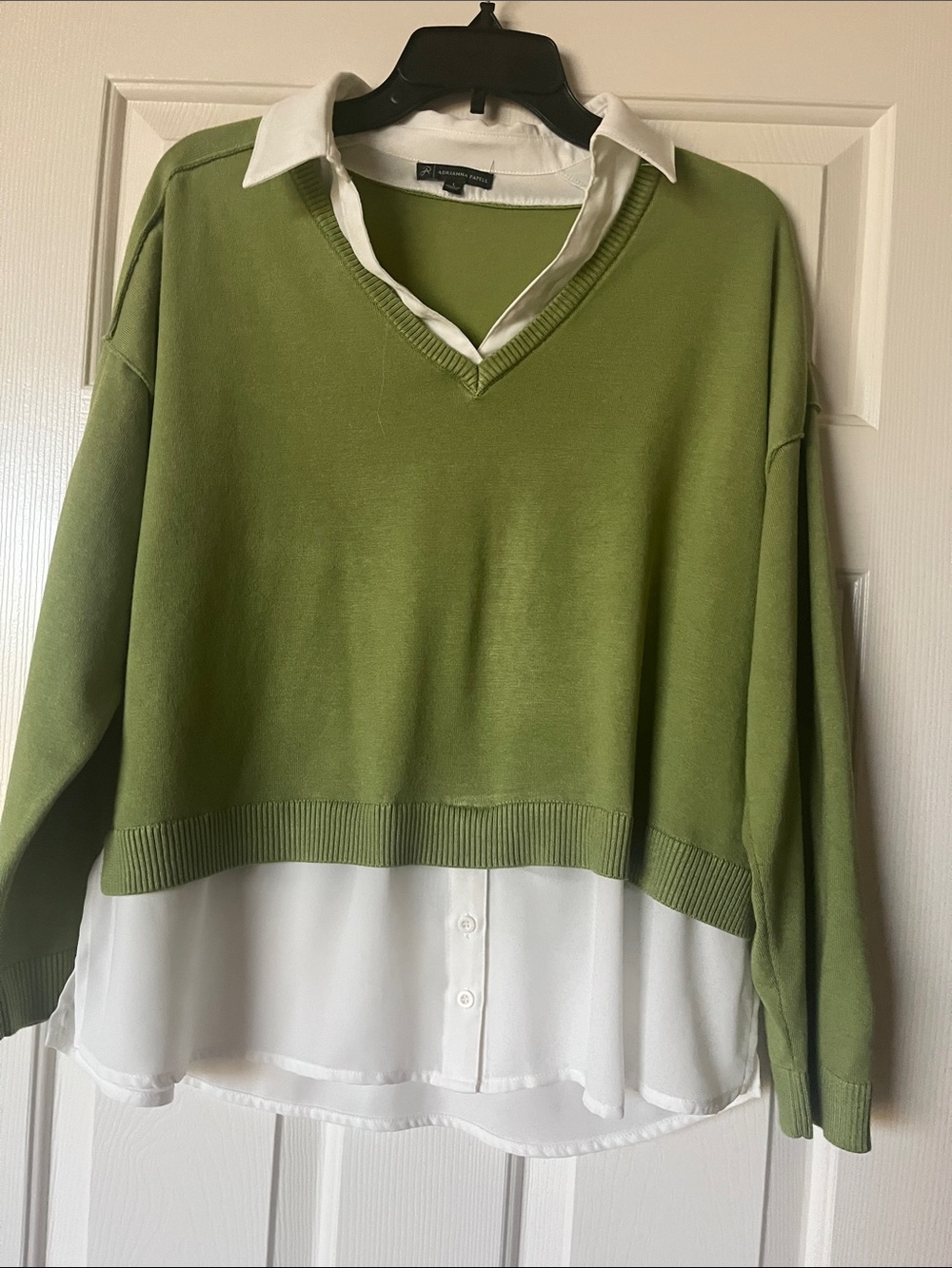 Adrianna Papell Olive V-Neck Sweater with White Shirt Layer